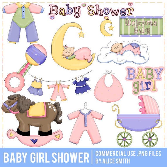 Baby Girl Shower Clipart from Alice Smith, Baby Shower, Sublimation Baby, Rocking Horse, Toys, Diaper Pin, Girl Pink, Baby on Moon,