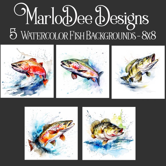 Fish Backgrounds, Father's Day, Sublimation, Watercolor Fishing Style Backgrounds, 8x8, Card Toppers, Watercolor Fish, Trout, Bass, Salmon