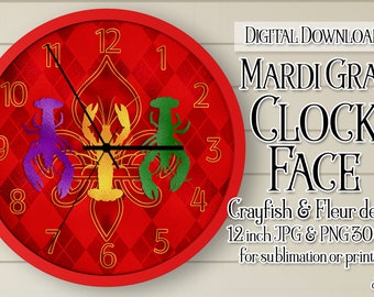 Mardi Gras Clock, Mardi Gras Clock Face, Mardi Gras Fleur de Lis and Crayfish Clock, Printable Clock Face, Sublimation Clock, DIY Clock