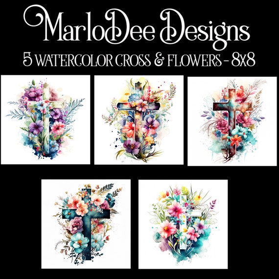 Watercolor Cross Backgrounds, Christian Sublimation, Watercolor Cross Style Backgrounds, 8x8, Card Toppers, Watercolor Floral Cross, Easter
