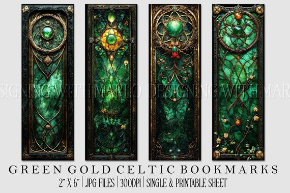 Irish Celtic Printable Bookmark, Irish Bookmark, Celtic Bookmark, Printable, JPG Bookmark, St Patrick's Day, Fantasy Bookmark, Green Gold