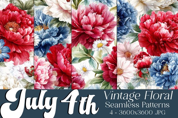 July 4th Seamless Patterns, July 4th Patterns, Vintage Floral Patterns, July 4th Flowers, 4th of July Flowers, Vintage Seamless Patterns