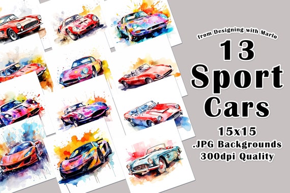 Sports Cars Watercolor 15x15 Backgrounds, Watercolor Papers, Watercolor Backgrounds, Scrapbook Papers, Father's Day Papers, Father's Day