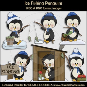 Ice Fishing Penguins Clipart - Resale Doodles - Fishing Clipart - Fish - Ice House - Fish House - Fishing on Ice - Winter Season - Animal