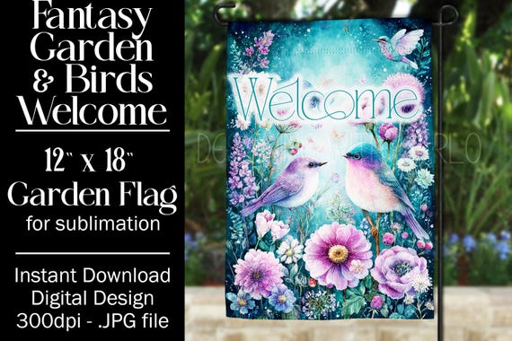 Fantasy Floral Garden Flag Sublimation Design - 12x18 Garden Flag - Gift for Gardener - Sublimation Design Garden Flag, Bird Garden Flag, d8