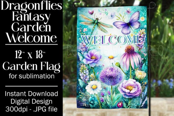 Dragonflies Garden Flag Sublimation Design, 12x18 Garden Flag, Gift for Gardener, Sublimation Garden Flag,  Floral Fantasy Garden Flag