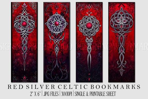 Irish Celtic Printable Bookmark, Irish Bookmark, Celtic Bookmark, Printable, JPG Bookmark, St Patrick's Day, Fantasy Bookmark, Red Silver