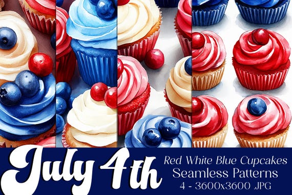 July 4th Seamless Patterns, July 4th Patterns, Red White Blue Cupcakes Pattern, July 4th Cupcakes, 4th of July, 4th of July Cupcake Patterns