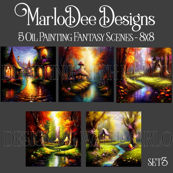 Fantasy, Fantasy Backgrounds, Fairy House, Mushroom House, Sublimation Butterflies, Oil Painting Style Backgrounds, 8x8, Card Toppers - set3