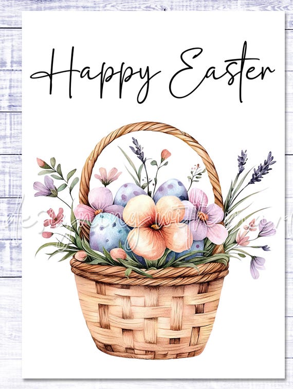 Happy Easter Card - Easter Basket - Easter Printable - 5"x7" - Greeting Card Printable - Watercolor Easter Basket Greeting Card Printable