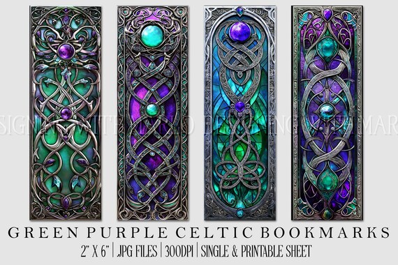 Irish Celtic Printable Bookmark, Irish Bookmark, Celtic Bookmark, Printable, JPG Bookmark, St Patrick's Day, Fantasy Bookmark, Green Purple
