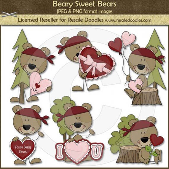 Beary Sweet Bears - Valentine's Day Clipart - Brown Bear - Stick Figure - Animal Graphics - Animal Clipart - Resale Doodles