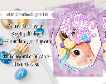 Bunny with Floral Crown - Printable 5x7 Standard Happy Easter Greeting Card