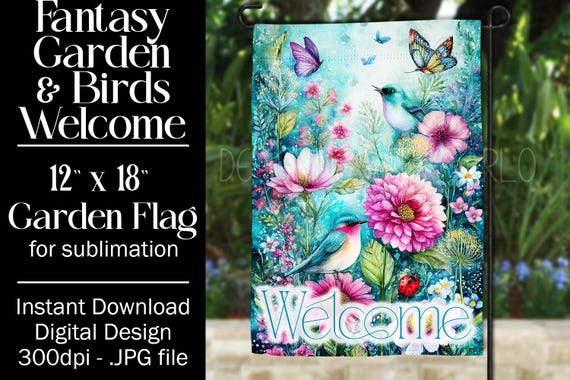 Fantasy Floral Garden Flag Sublimation Design - 12x18 Garden Flag - Gift for Gardener - Sublimation Design Garden Flag, Bird Garden Flag, d2
