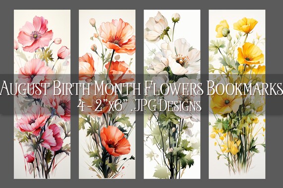 August Bookmark, Floral Printable Bookmark, Poppy Bookmark, Spring Bookmark, Printable, JPG Bookmark, Sublimation, August Birthday