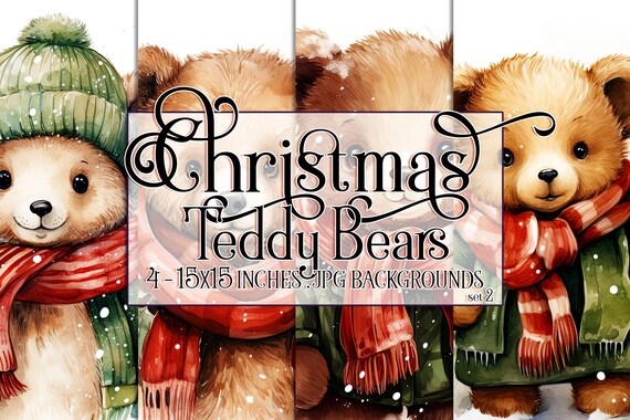 Christmas Bear Watercolor 15x15 Backgrounds, Christmas Teddy Bear, Brown Teddy Bear, Holiday Bear, Red Green, Christmas Sublimation