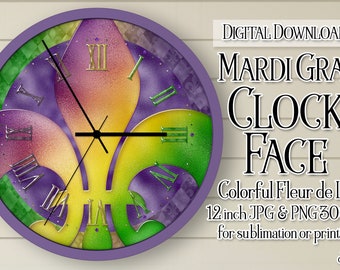 Mardi Gras Clock, Mardi Gras Clock Face, Mardi Gras Fleur de Lis Clock, Printable Clock Face, Sublimation Clock, DIY Clock, Clock Face png