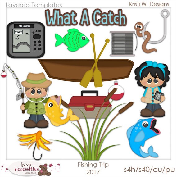 Fishing Trip Layered Templates by Kristi W Designs, PSD Template, Scrapbook Template, Boat, Children, Fishing Lure, Fly, Father's Day
