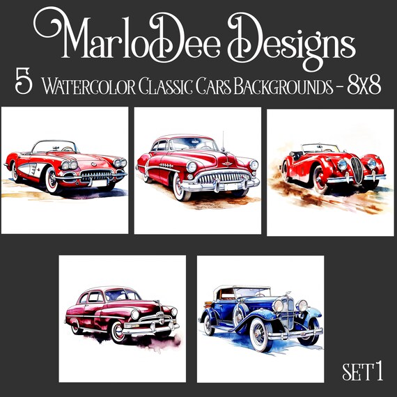 Vintage Cars Backgrounds, Father's Day, Cars Sublimation, Watercolor Cars Style Backgrounds, 8x8, Card Toppers, Watercolor Sports Cars