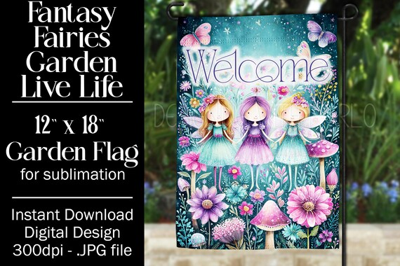 Fairies Garden Flag Sublimation Design, 12x18 Flag, Sublimation Fairy, Sublimation Garden Flag,  3 Fairies Welcome Garden Flag Background