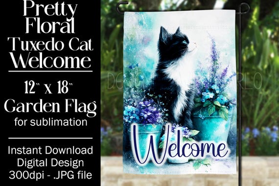 Tuxedo Cat Garden Flag Sublimation Design, 12x18 Garden Flag, Gift for Cat Lover, Sublimation Design,  Floral Cat Garden Flag, f1