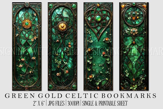 Irish Celtic Printable Bookmark, Irish Bookmark, Celtic Bookmark, Printable, JPG Bookmark, St Patrick's Day, Fantasy Bookmark, Green Gold