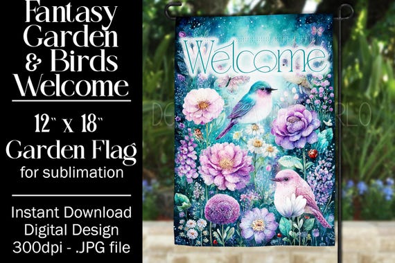 Fantasy Floral Garden Flag Sublimation Design - 12x18 Garden Flag - Gift for Gardener - Sublimation Design Garden Flag, Bird Garden Flag, d4