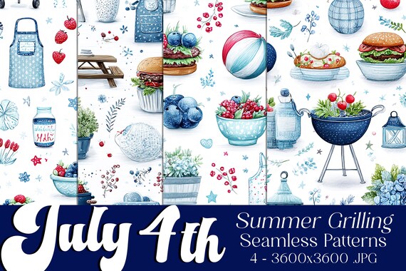 July 4th Seamless Patterns, July 4th Patterns, BBQ Patterns, July 4th Grilling, 4th of July BBQ Grilling Seamless Patterns, Cook Out Pattern
