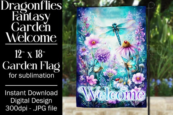 Dragonflies Garden Flag Sublimation Design, 12x18 Garden Flag, Gift for Gardener, Sublimation Garden Flag,  Floral Fantasy Garden Flag
