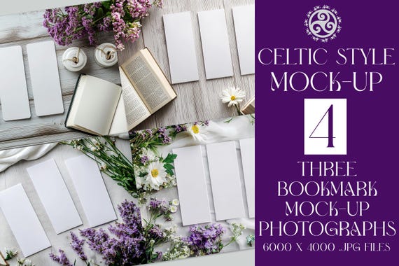 3 Bookmark Mockup, 4 Celtic Mock-Up Photos, Wiccan Mockups, Irish Mockups, Celtic Stock Photos, Flowers, Crystals, Book, Bookmark, Top View