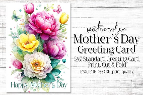 Happy Mother's Day Card - Card for Mom - Mother's Day Printable - 5"x7" - Greeting Card Printable - Watercolor Floral Printable Card