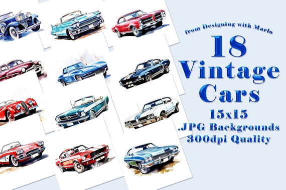Classic Cars Watercolor 15x15 Backgrounds, Watercolor Papers, Watercolor Backgrounds, Scrapbook Papers, Father's Day Papers, Father's Day