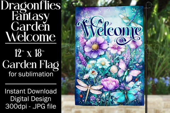 Dragonflies Garden Flag Sublimation Design, 12x18 Garden Flag, Gift for Gardener, Sublimation Garden Flag,  Floral Fantasy Garden Flag