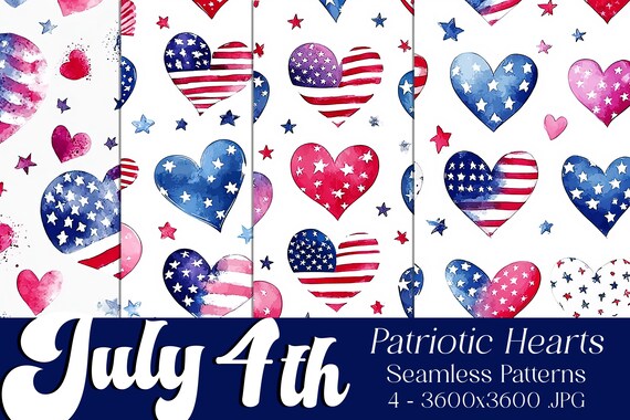 July 4th Hearts Patterns, July 4th Patterns, Heart Patterns, July 4th Heart Seamless Patterns, 4th of July Heart Seamless Patterns,