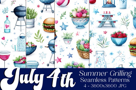 July 4th Seamless Patterns, July 4th Patterns, BBQ Patterns, July 4th Grilling, 4th of July BBQ Grilling Seamless Patterns, Cook Out Pattern