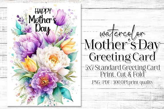 Happy Mother's Day Card - Card for Mom - Mother's Day Printable - 5"x7" - Greeting Card Printable - Watercolor Floral Printable Card