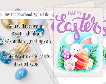 Watercolor Bunny with Eggs - Printable 5x7 Standard Happy Easter Greeting Card