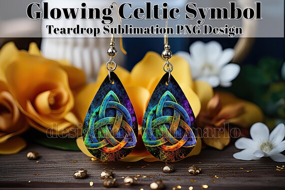 Glowing Celtic Watercolor Teardrop Earring Digital Design, Celtic Earring, Irish Earring Teardrop Sublimation Design, St Patrick's Day PNG