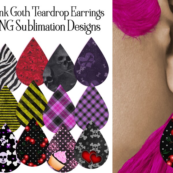 Punk Teardrop Earring .PNG Sublimation Designs, Gothic Earrings, Party Earrings, Teardrop Earring Ideas, Plaid Earring, Skull Earring, set 1