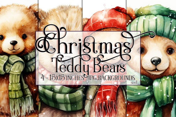 Christmas Bear Watercolor 15x15 Backgrounds, Christmas Teddy Bear, Brown Teddy Bear, Holiday Bear, Red Green, Christmas Sublimation