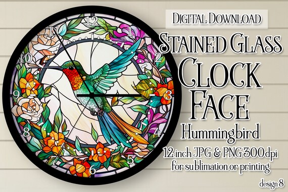 Hummingbird Wall Clock, Hummingbird Clock Face, Stained Glass Style Clock, Printable Clock Face, Sublimation Clock, DIGITAL DOWNLOAD PNG