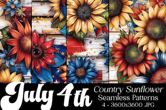 July 4th Seamless Patterns, July 4th Patterns, Sunflower Patterns, July 4th Sunflowers, 4th of July, Country Sunflowers, Seamless Patterns