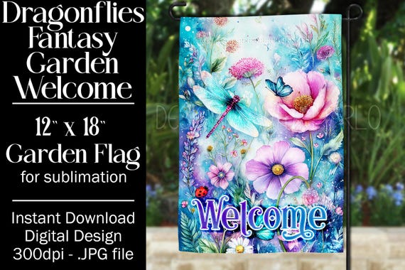 Dragonflies Garden Flag Sublimation Design, 12x18 Garden Flag, Gift for Gardener, Sublimation Garden Flag,  Floral Fantasy Garden Flag