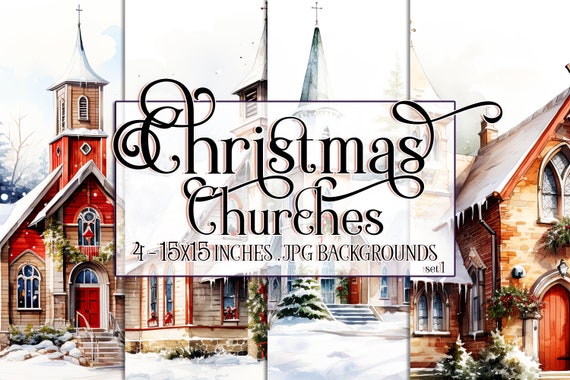 Christmas Church Watercolor 15x15 Backgrounds, Christmas Country Church, Church Christmas Time, Winter Church Background, White Church