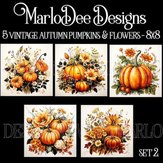 Vintage Pumpkin Backgrounds, Autumn Season, Autumn Pumpkins, Fall Season, Sublimation, Watercolor Style Backgrounds, 8x8, Card Topper - set2