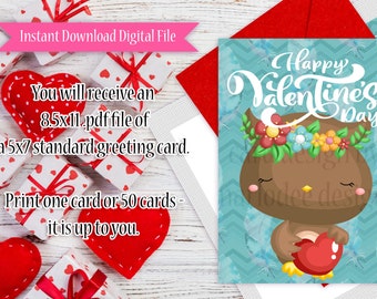 Boho Owl - Printable 5x7 Standard Happy Valentine's Day Greeting Card