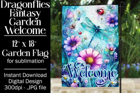 Dragonflies Garden Flag Sublimation Design, 12x18 Garden Flag, Gift for Gardener, Sublimation Garden Flag,  Floral Fantasy Garden Flag