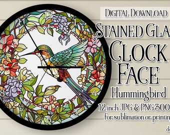 Hummingbird Wall Clock, Hummingbird Clock Face, Stained Glass Style Clock, Printable Clock Face, Sublimation Clock, DIGITAL DOWNLOAD PNG