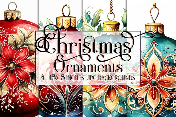 Christmas Ornament Watercolor 15x15 Backgrounds, Watercolor Papers, Watercolor Backgrounds, Scrapbook Papers, Holidays, Christmas Colors