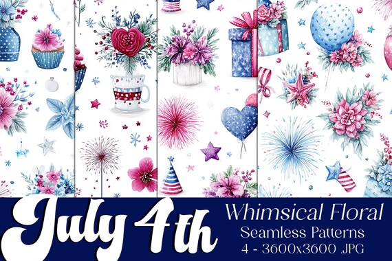 July 4th Floral Patterns, July 4th Patterns, Flower Patterns, July 4th Floral Seamless Pattern, 4th of July Flower Seamless Patterns, Whimsy